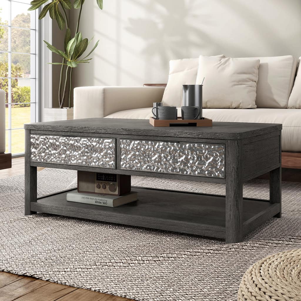Furniture of America Piez Modern Ash Grey Wood 2-Drawer Coffee Table with Casters