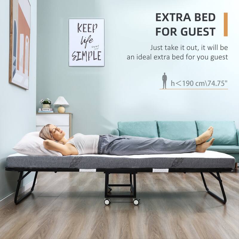 Folding Guest Bed with Padded Mattress and Metal Frame, Space-Saving Portable Bed with Wheels