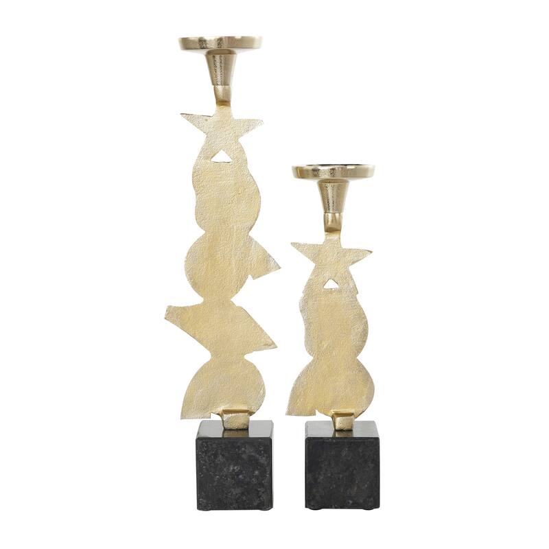 Gold or Silver Aluminum Metal Shell Candle Holder with Black Marble Bases (Set of 2)