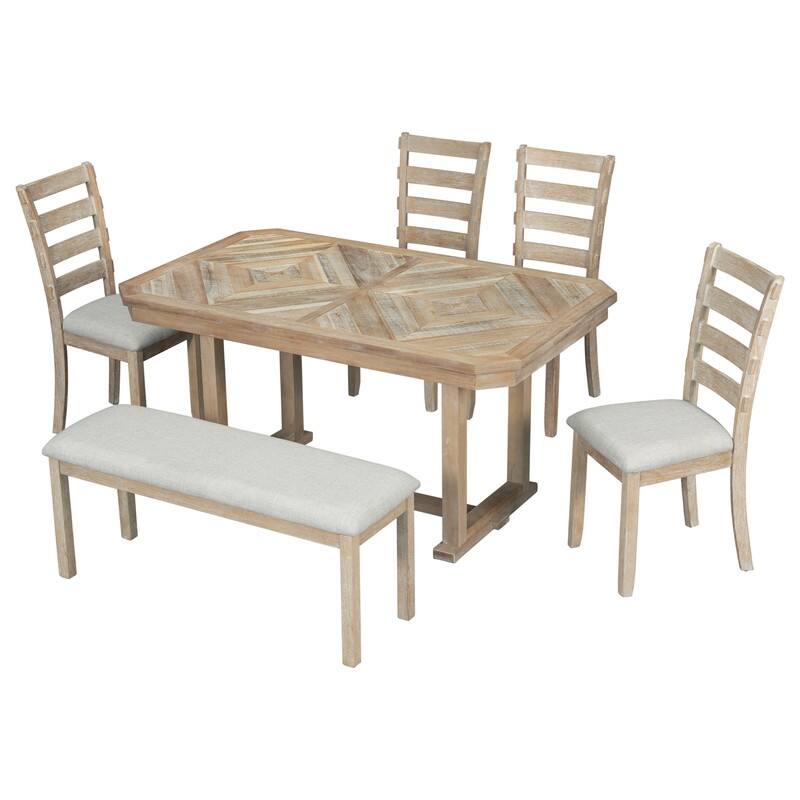 6-Piece Rubber Wood Dining Table Set with Beautiful Wood Grain Pattern Tabletop Solid Wood Veneer and Soft Cushion