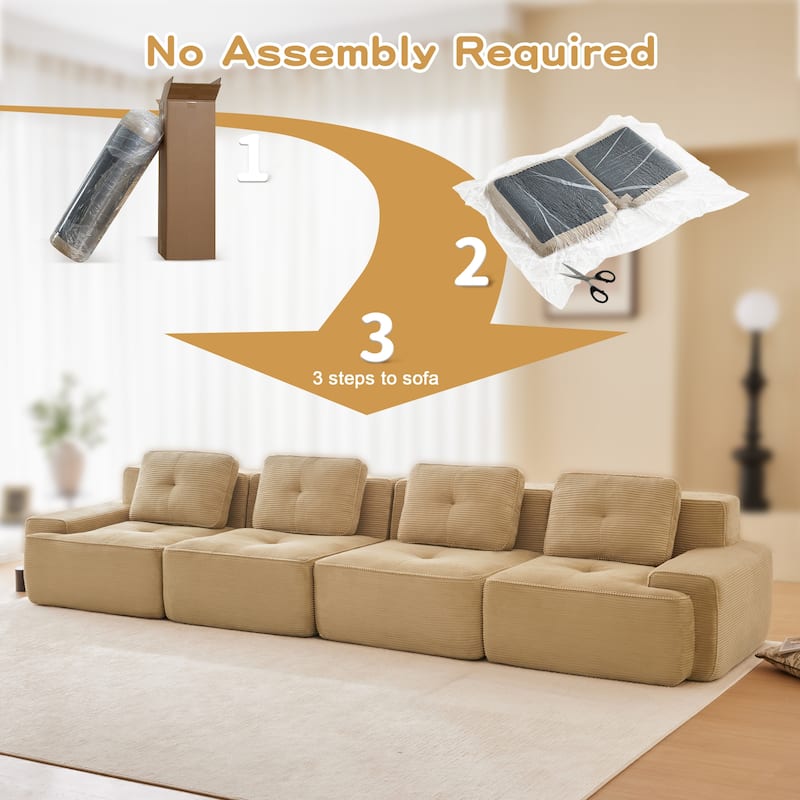 Roomfitters No Assembly Modular Sofa, 117 Inch Corduroy 3-Seater with Piping, Camel