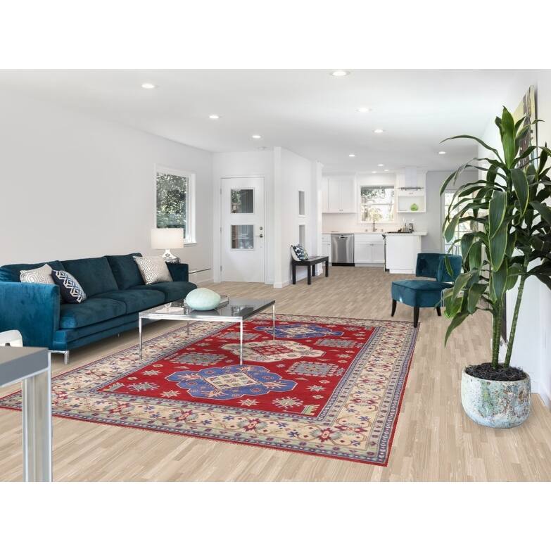 Hand Knotted Oriental 100% Wool Carpet Traditional Geometric Red Kazak Area Rug - 10' 1'' X 6' 10''
