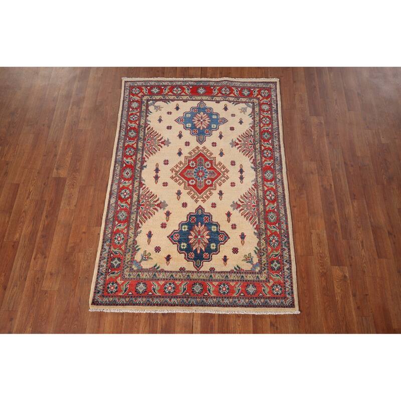 Kazak Accent Rug Handmade Geometric Beige Wool Carpet - 3'5" x 5'0"