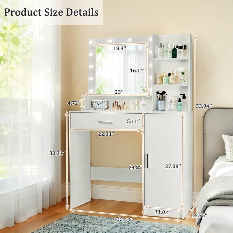 Vanity Desk with Mirror and Lights,with Drawer & Storage Cabinet,3 Adjustable Lighting Colors,with Open Shelves