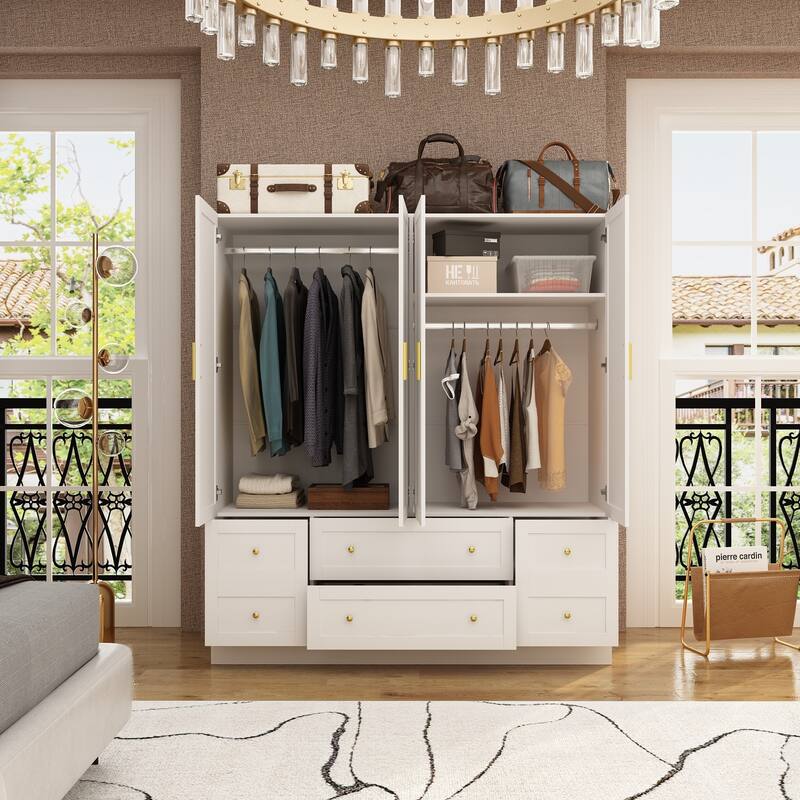 White Wardrobe Closet with Gold Handles - Modern Storage Cabinet with Drawers