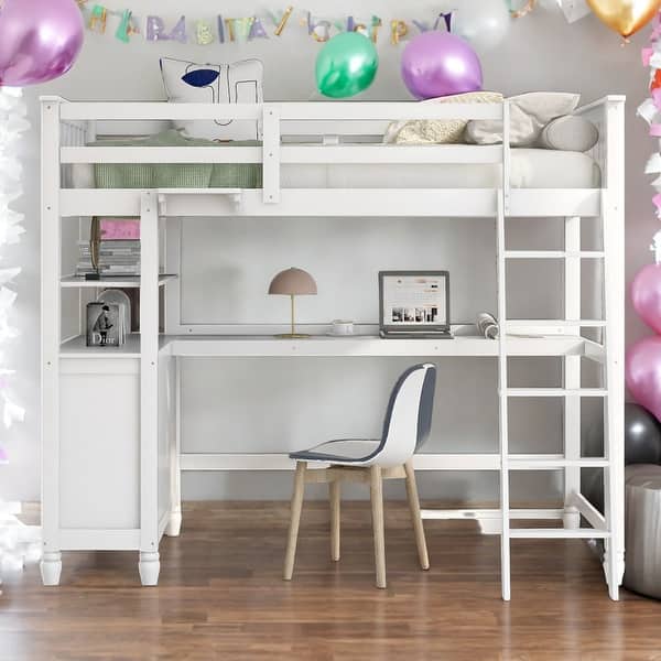 slide 2 of 47, Twin Size Wooden Loft Bed With Drawers And Desk,Shelves,Solid Construction White