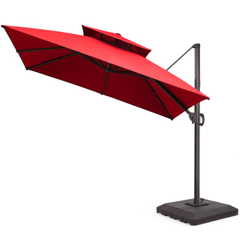 Pellebant 11x 11 ft Square Outdoor Patio Cantilever-Offset Umbrella with Base - Red