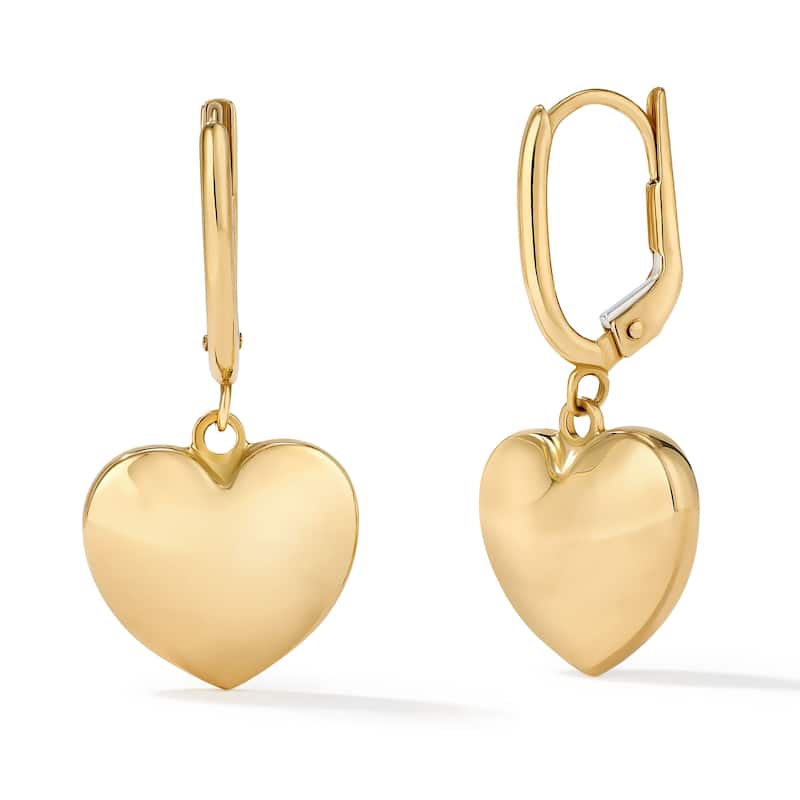 Clover 14k Yellow Gold High-Polish Puffed Heart Leverback Earrings