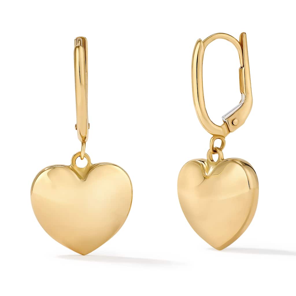 Clover 14k Yellow Gold High-Polish Puffed Heart Leverback Earrings