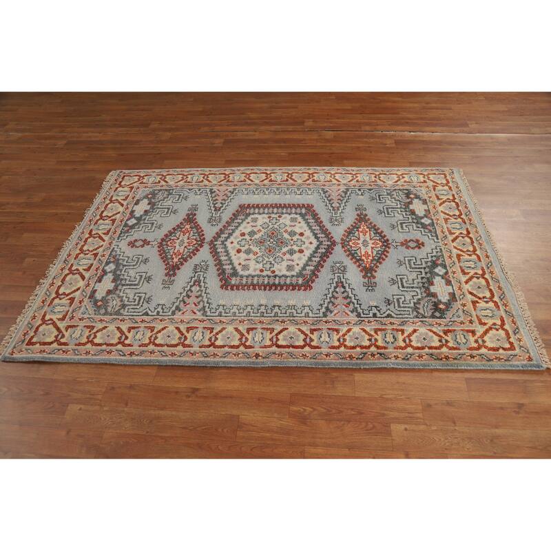Hand Knotted Oriental 100% Wool Carpet Traditional Geometric Greys & Charcoal Viss Area Rug - 6' 0'' X 4' 0''