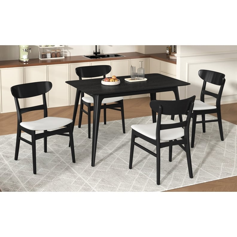 Mid-Century Modern 5-Piece Dining Set - Rubberwood & Upholstered Chairs