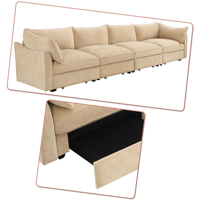 Chenille Fabric Upholstered Sofa with Under-Seat Drawers