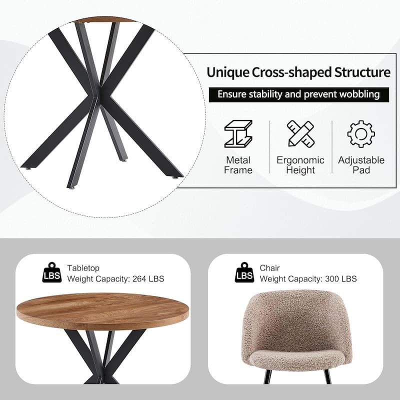 Howtai Round Dining Table Set with Fluffy Sherpa Arm Chairs Space Saving