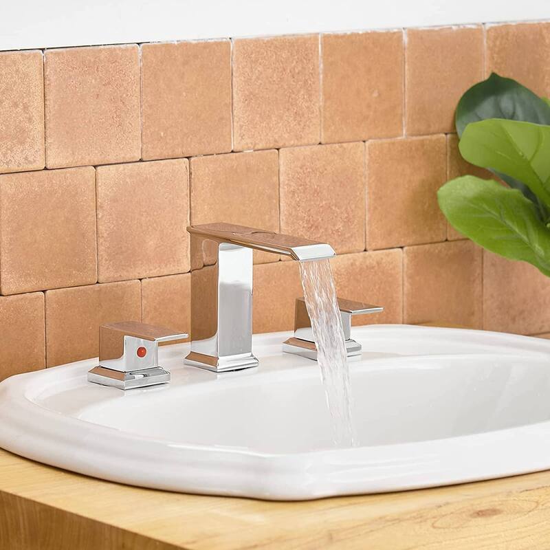 Waterfall Widespread Bathroom Faucet With Drain Assembly 3 Hole Bathroom Sink Faucets Double Handle 8 Inch Basin Vanity Taps