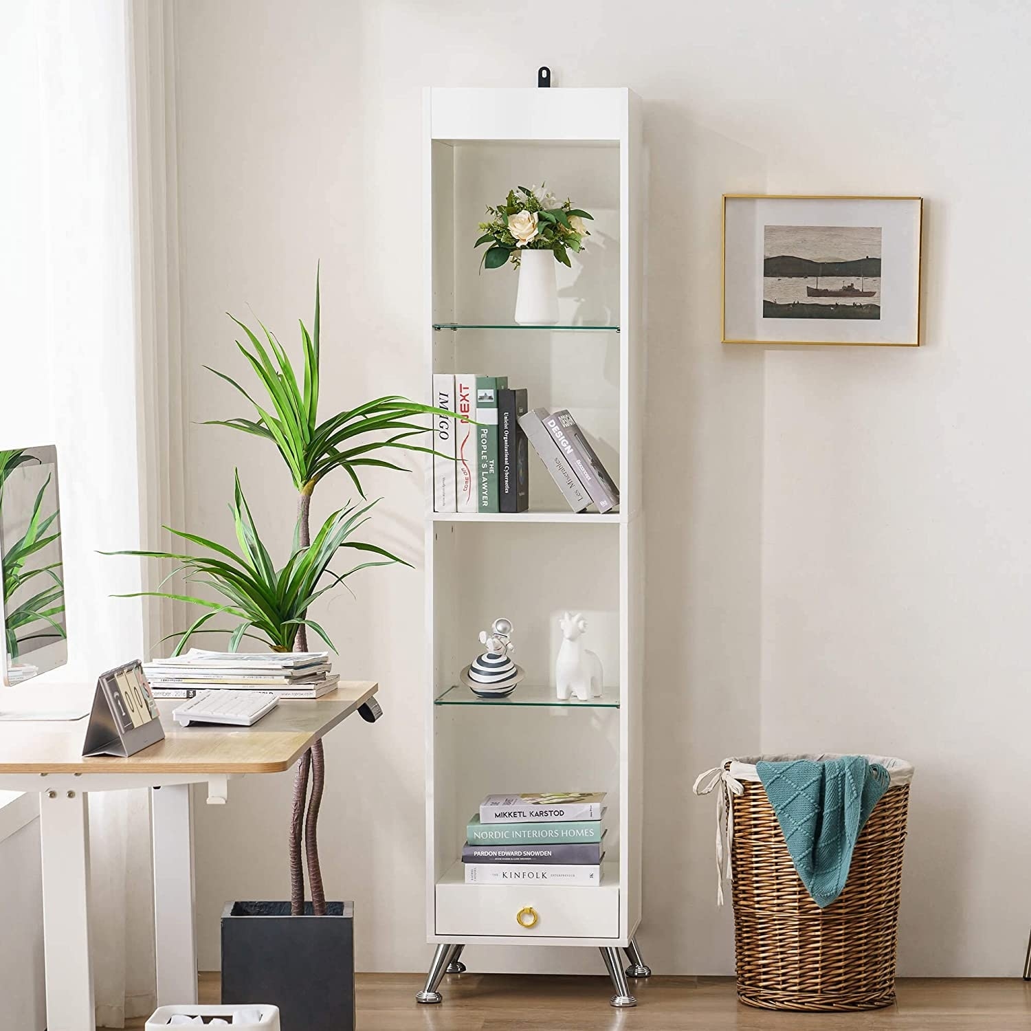 https://ak1.ostkcdn.com/images/products/is/images/direct/e69dd00babf010c214f407980d13da49359ebea4/Ivinta-Tall-Bookshelf-for-Small-Spaces%2C-Narrow-Bookcase-with-Adjustable-Glass-Display-Shelf.jpg