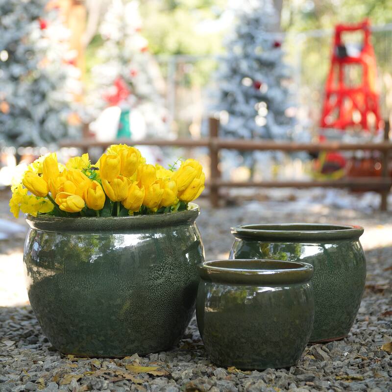 Handmade Glazed Ceramic Planter Set of 3, 15/12/9 Inch Diameter, Solid Glossy Finish