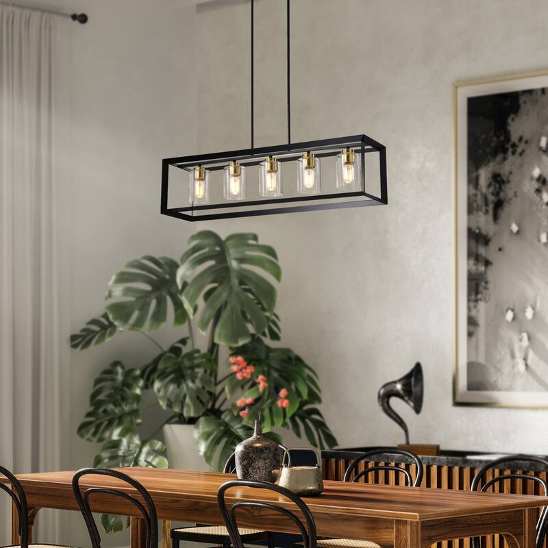 5-Light Matte Black and Gold Rectangular Kitchen Island Light with Glass Shades