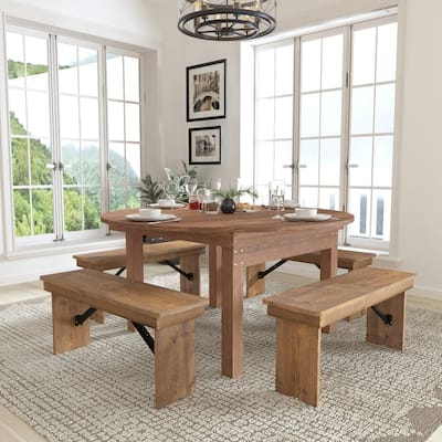 60" Round Antique Rustic Solid Pine Folding Farm Dining Table - 59.75"W x 59.75"D x 30"H