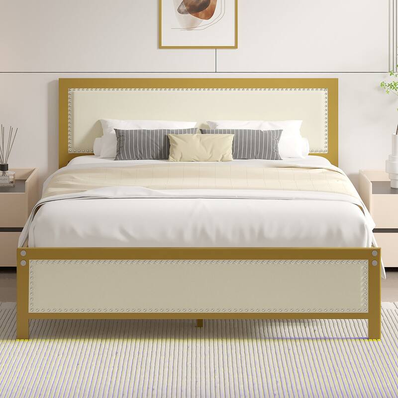 Metal Bed Frame with Linen Upholstered Nailhead Headboard, Platform Bed with 12.6" Under Bed Storage, No Box Spring Needed