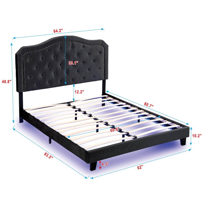 Queen Size Modern Platform Bed with LED Lights & Diamond Tufted Headboard