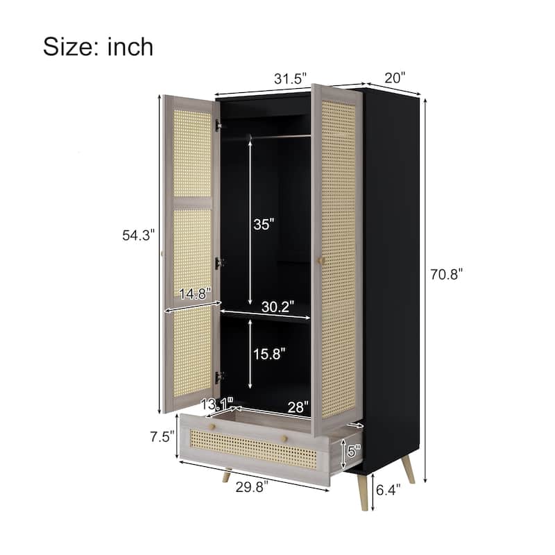 70"H Family 2-Door Wardrobe Armoires Closet Drawer Storage Rattan Style