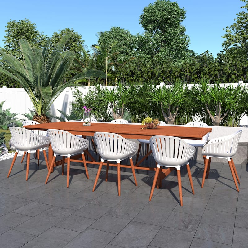 Amazonia Myers FSC Certified Wood 11pc Outdoor Dining Patio Set - White Armchairs - Dark Wood