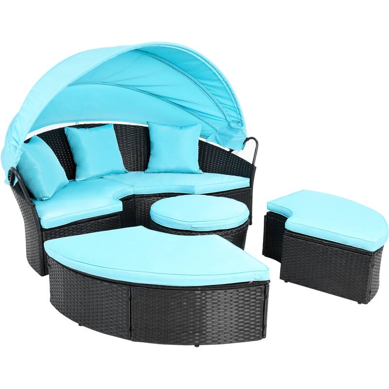 Moasis Patio Round Outdoor Daybed with Retractable Canopy Rattan Wicker Clamshell Furniture Seating