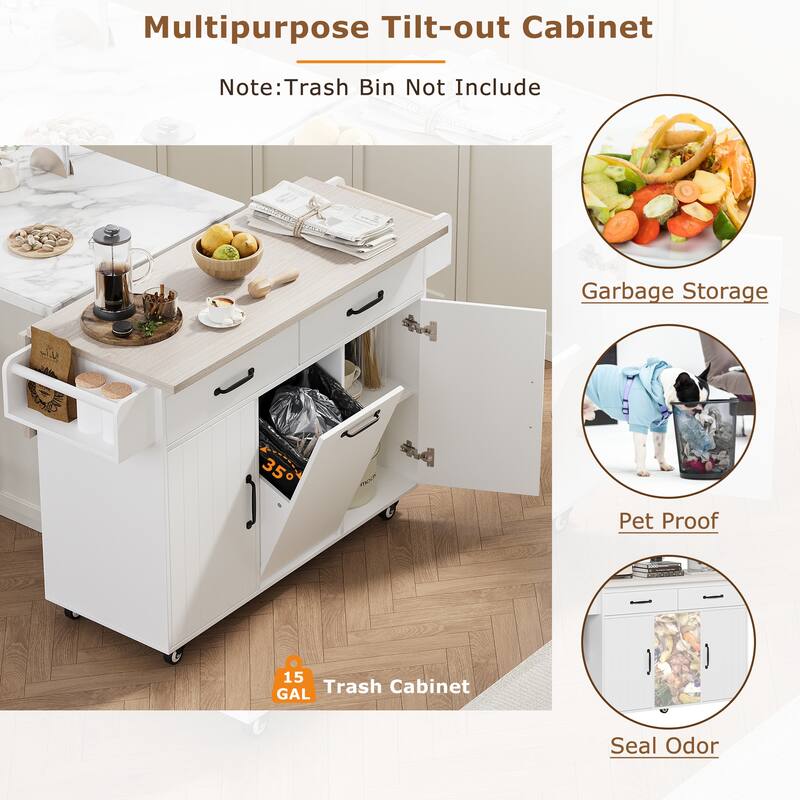 Kitchen Island w/ Trash Can Storage Cabinet, Rolling Kitchen Cart w/Drop Leaf, Spice Rack, Towel Rack, Drawer & Adjustable Shelf