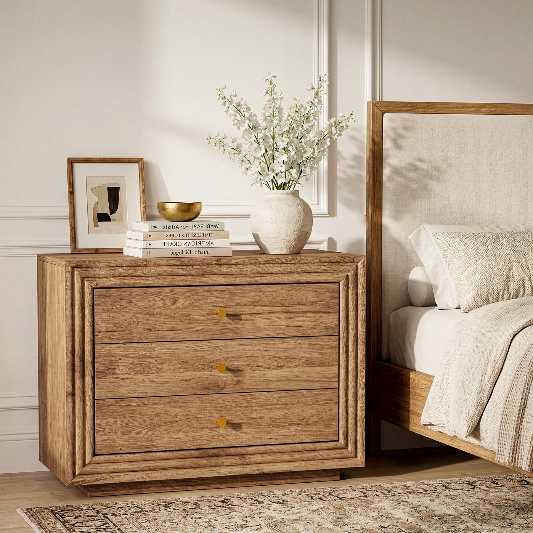31.5" Oversized Nightstand with 3 Drawers, Large Rustic Wood Night Stand with Storage, Farmhouse Bedside Table for Bedroom