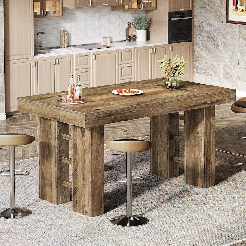 63-Inch Long Wood Bar Table, Farmhouse Rectangular Counter Height Pub Table for Kitchen, Dining Room, Living Room