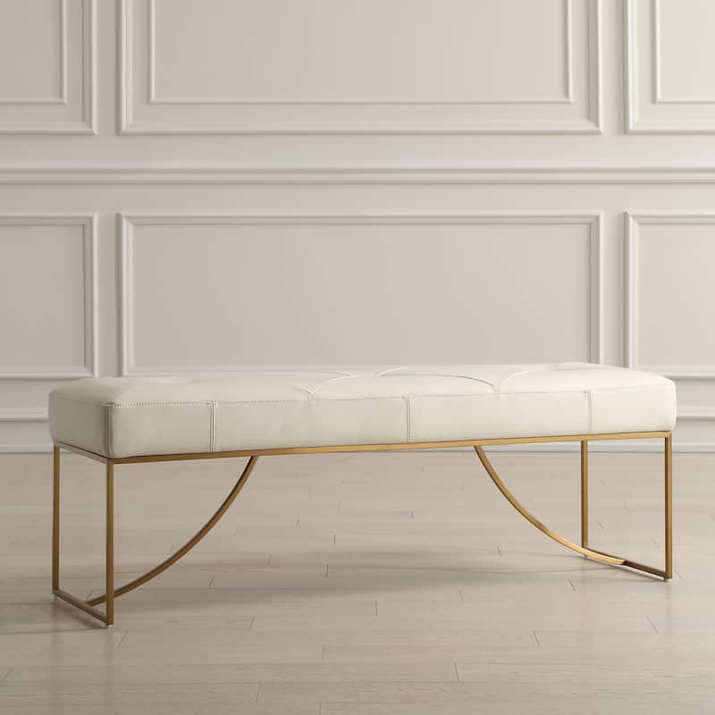 Diamond Tufted Leather Upholstered Bench - 53" - Cream
