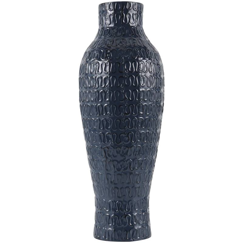 Metal Dimensional Textured Decorative Vase with Wavy Pattern - Dark Blue - Roche River Decor
