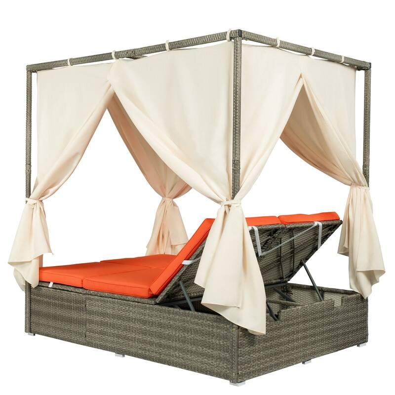 Outdoor Rattan Daybed with Adjustable Backrest and Curtains, Paio Sunbed Sun Lounger with Canopy and Removable Cushion