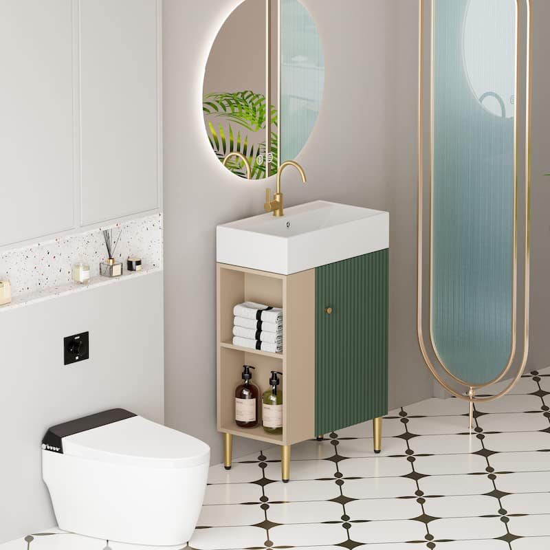 Open-shelving Bathroom Vanity with Ceramic Sink and Soft-Closing Door, Cloakroom Open Shelf Storage Cabinet on the Left Side