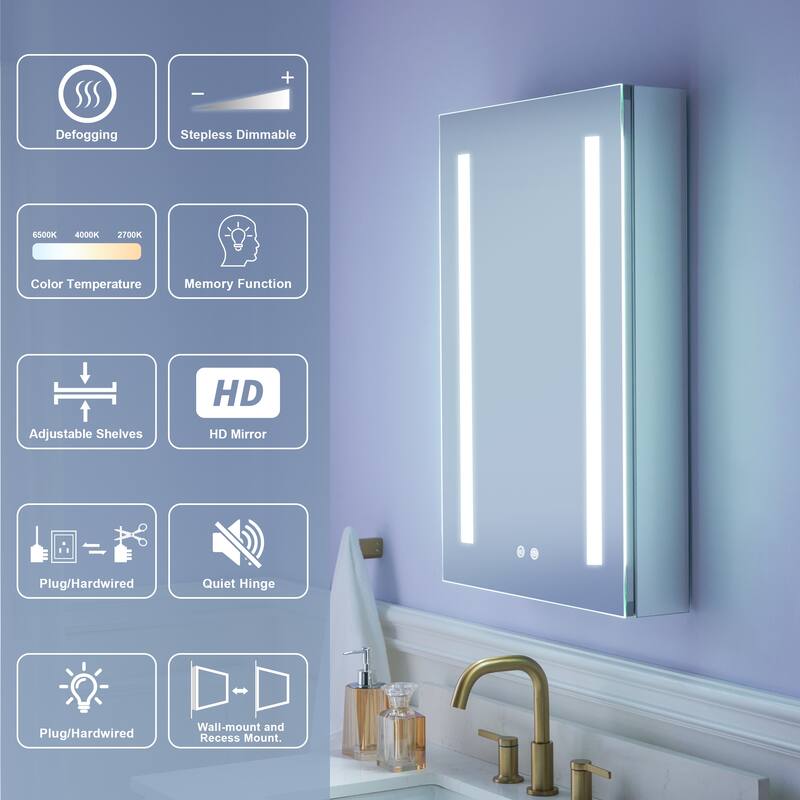 Recessed or Surface 30" H LED Mirror Cabinet with Adjustable Glass Shelves,Defogger, Dimmer And Outlets & USB Ports
