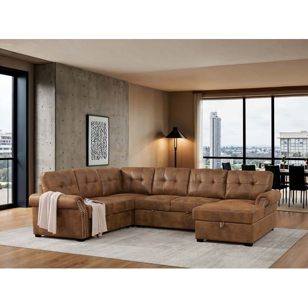 Faux Leather U Shape Sectional Sleeper Sofa Pull Out Bed Storage Chaise ...