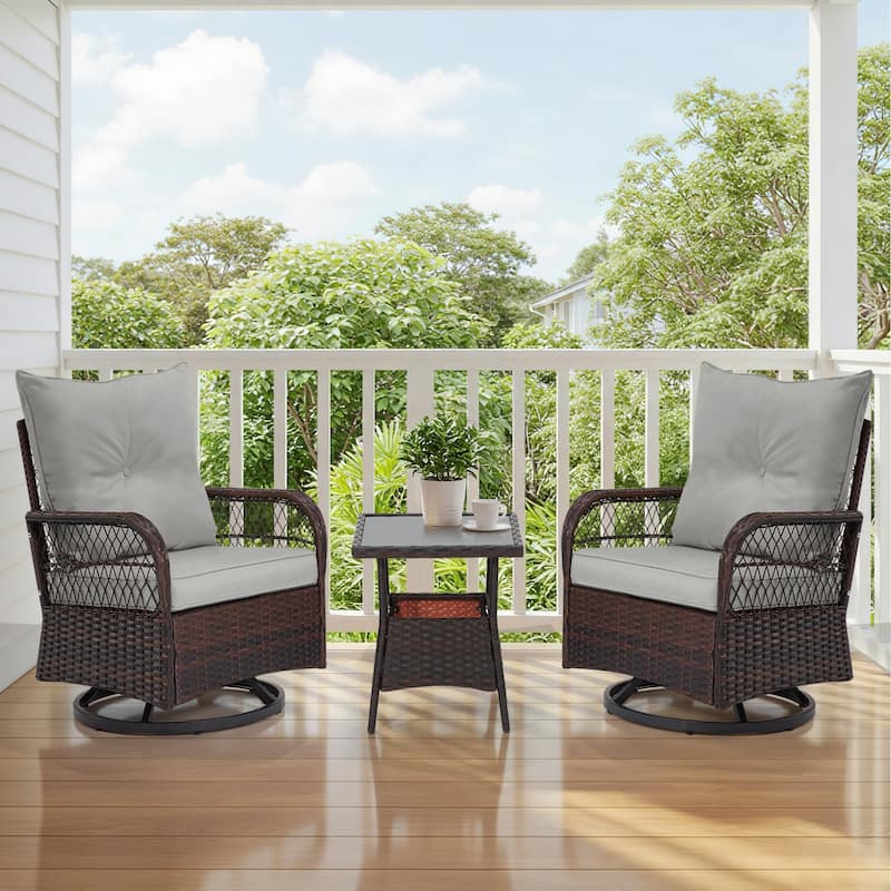 EROMMY 3-Piece Outdoor Rocking/Swivel Chair Set - PE Rattan Patio Furniture with Cushions & Coffee Table, Rocker Chairs