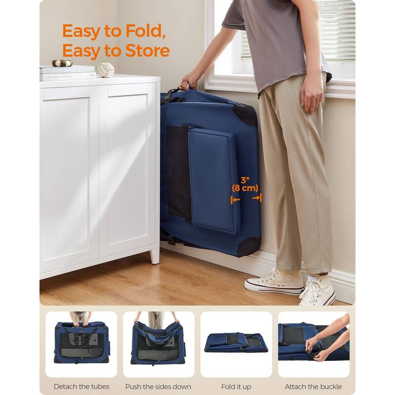 Collapsible Pet Carrier, Oxford Fabric, Mesh, Metal Frame, With Handle, Storage Pockets
