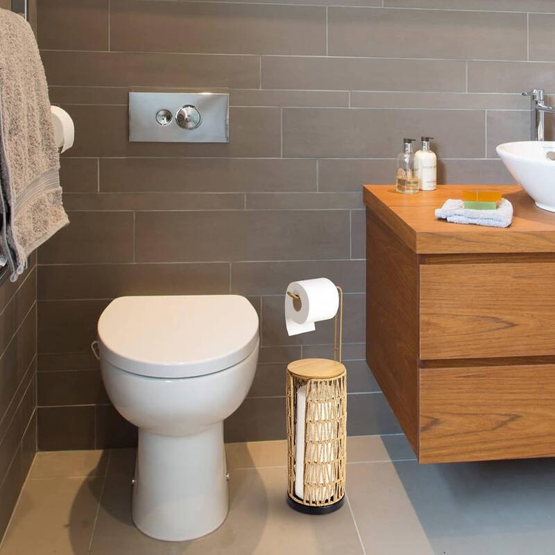 Freestanding Toilet Paper Holder with Storage,3 Rolls of Tissue Holder,Handmade Woven Toilet Paper Roll Holder Stand - Brown