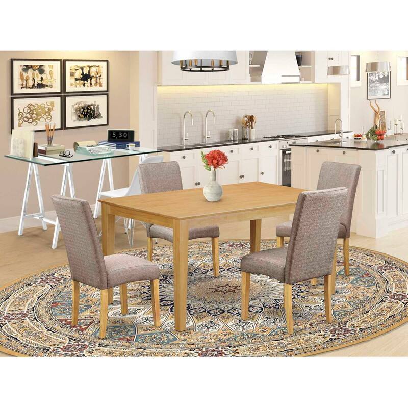 Dining Room Table Set 60 Inch Rectangle with 4 Chairs - Linen Fabric Dark Khaki Finish