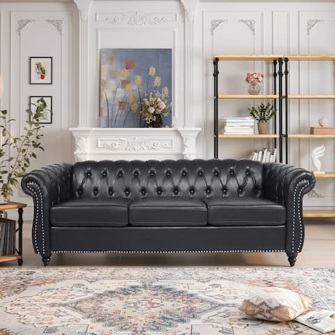 84" PU Rolled Arm Chesterfield Three Seater Sofa