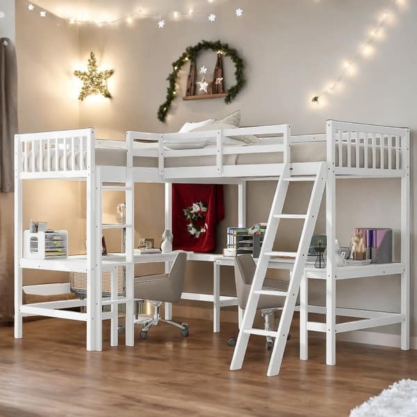 slide 2 of 16, Contemporary Wood Twin Size L-Shaped Loft Bed with Ladder and 2 Built-in L-Shaped Desks, 2 Beds in 1, Solid Construction, White White