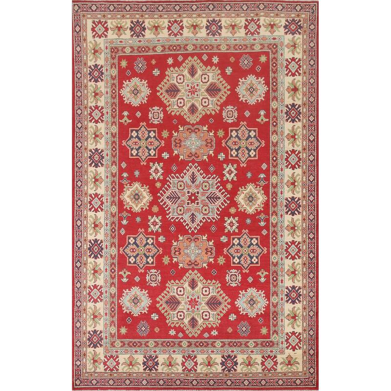 Hand Knotted Oriental 100% Wool Carpet Traditional Geometric Red Kazak Area Rug - 9' 10'' X 6' 6''