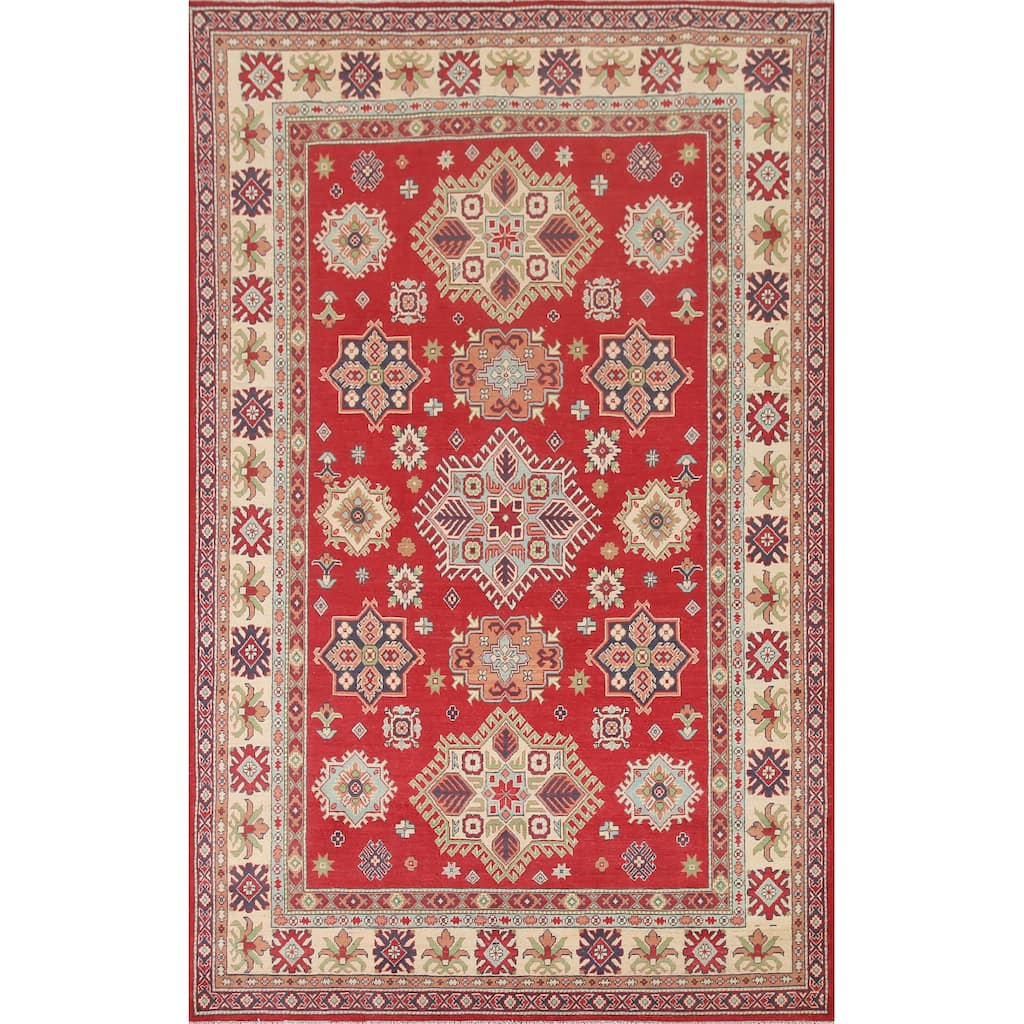 Hand Knotted Oriental 100% Wool Carpet Traditional Geometric Red Kazak Area Rug - 9' 10'' X 6' 6''