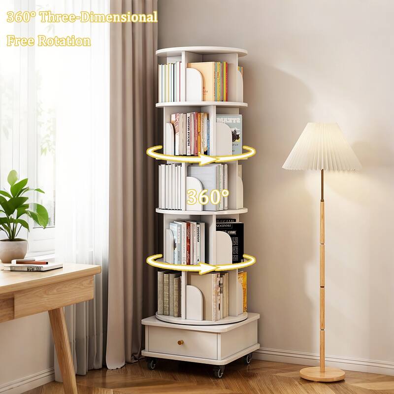 6 Tier 360° Rotating Bookshelf ，Round Spinning Bookcase with Wheels, Drawer & Space-Saving Design Ideal for Bedroom Small
