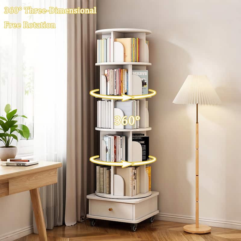 GDF Studio - Purling Modern 6-Tier Wood 360-Degree Rotating Bookshelf with Drawer Storage