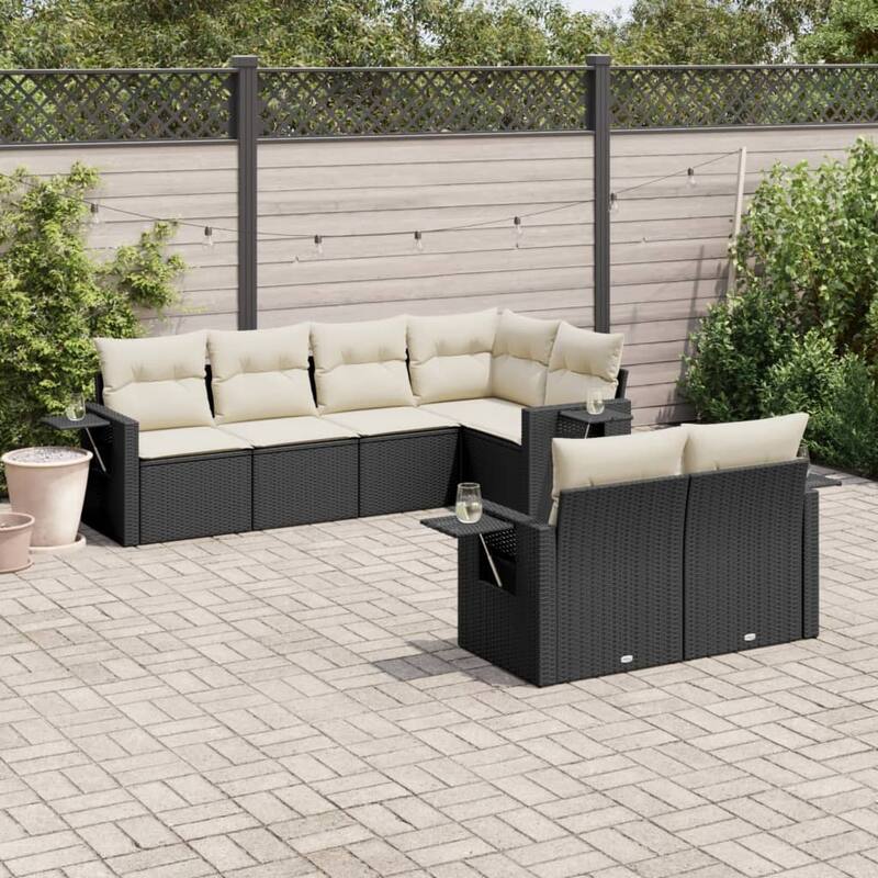 vidaXL Patio Sofa Set with Cushions Outdoor Furniture 7 Piece Poly Rattan - Black - 24.4 x 33.5 x 27.2