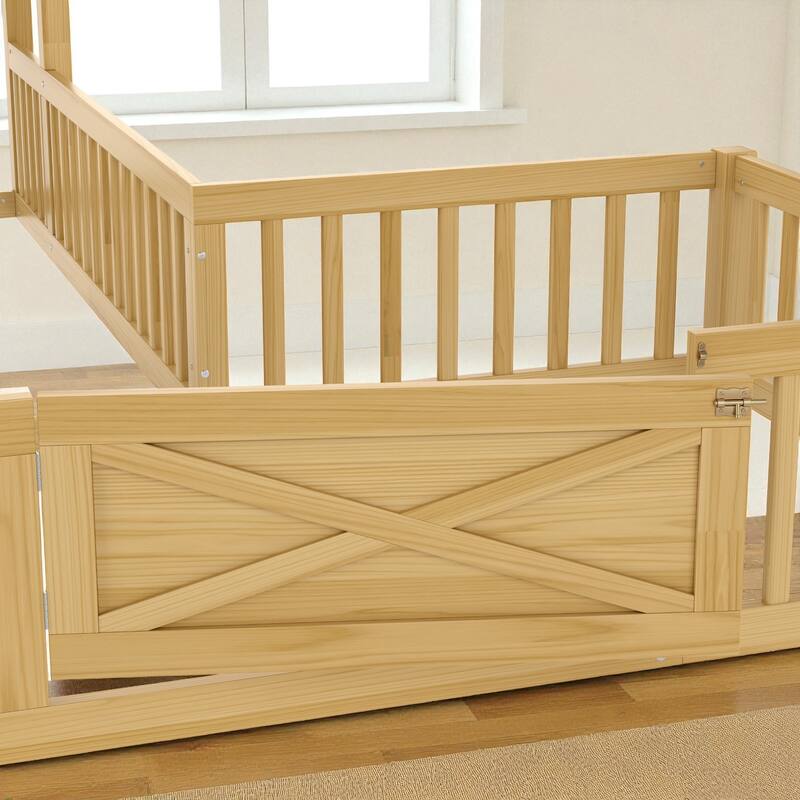 Twin/Full Size House Floor Bed with Door and Guardrails, Double Twin/Full Solid Wood Montessori Bed for Kids