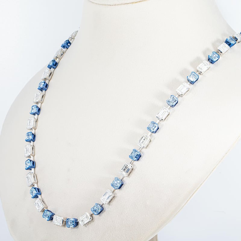 House Of Leon 14K Two Tone Multi Cut Fancy Blue & White Diamond Satellite Necklace 69.42ct