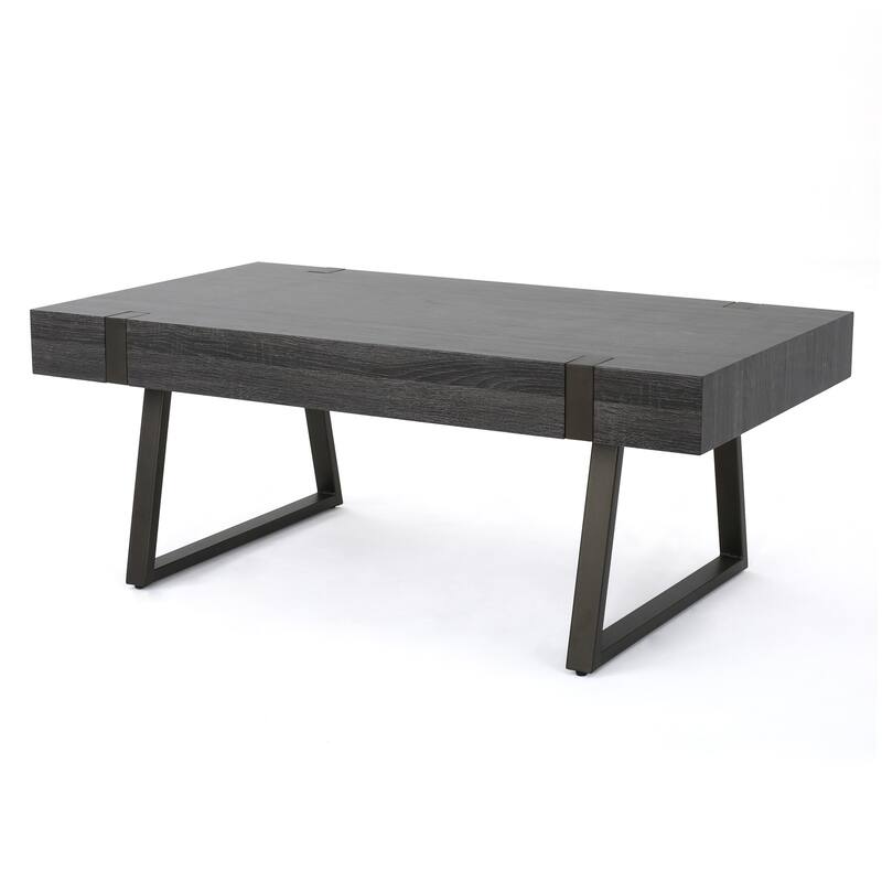 Roomfitters Industrial Coffee Table, Modern Wood Living Room Center Cocktail Table with Metal Sled Legs and Accents, Black
